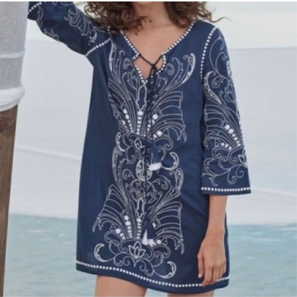 Sundance Boho Embroidered Beaded Tassel Beach Kaftan Mini Dress S